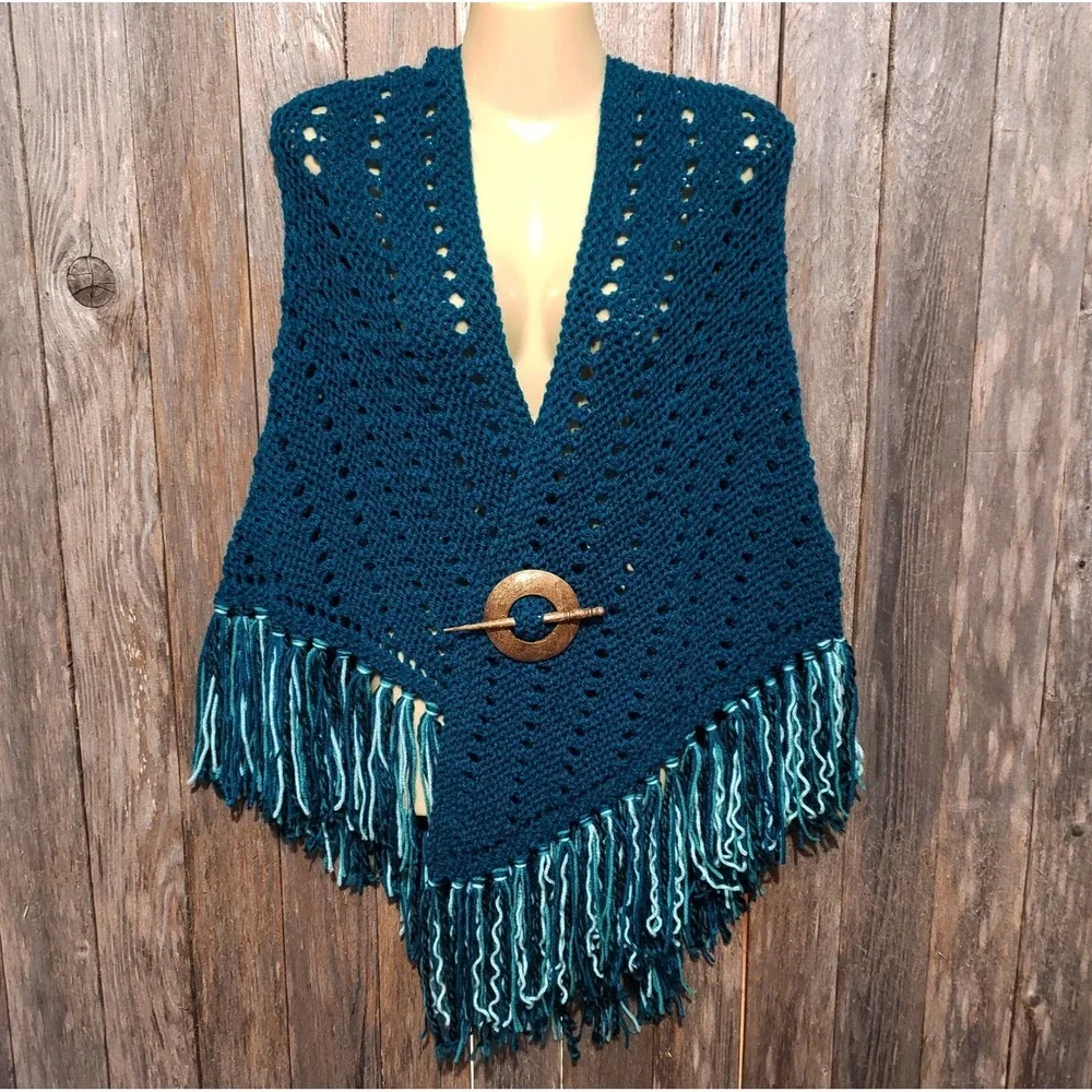 NEW Teal Blue Hand Knitted‎ Shawl Wrap Boho Hippie Fringe Coastal Cottage Indie
